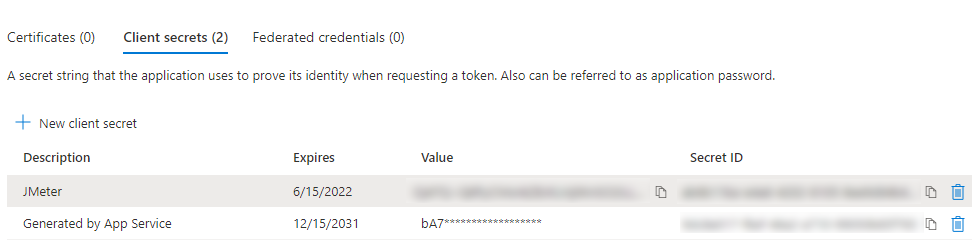 Keep it secret, keep it safe Screenshot the Azure Portal, showing the client secrets
