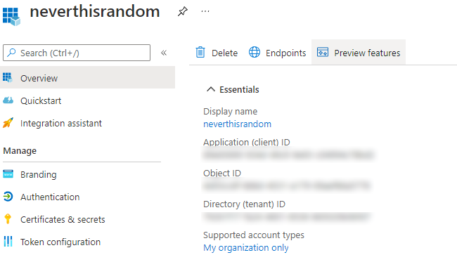 The application registration Screenshot the Azure Portal, show the application registration authentication