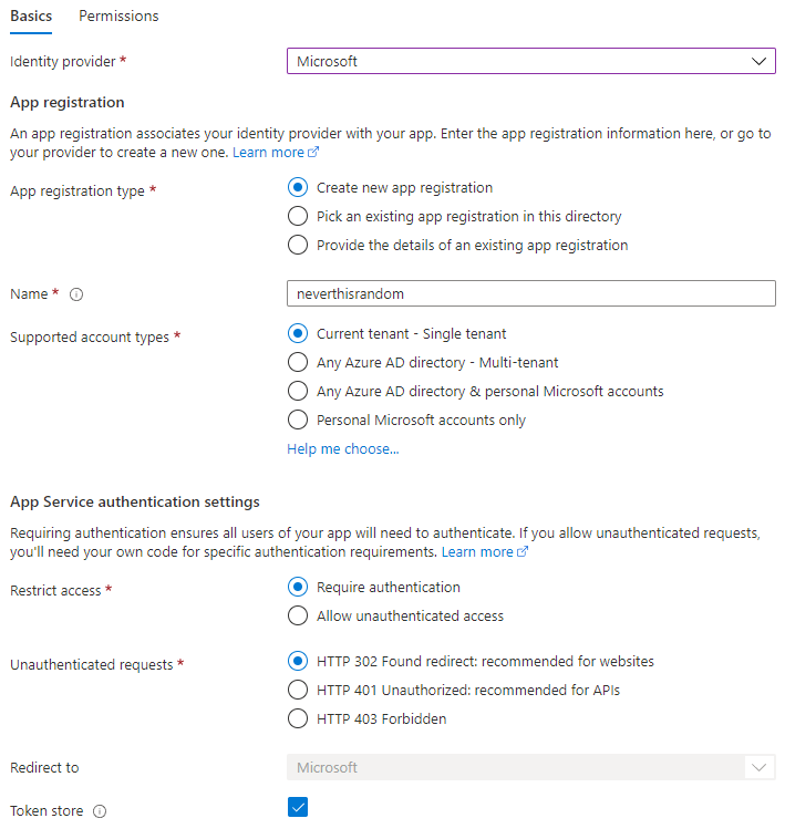 Enabling authentication Screenshot the Azure Portal, enabling authentication