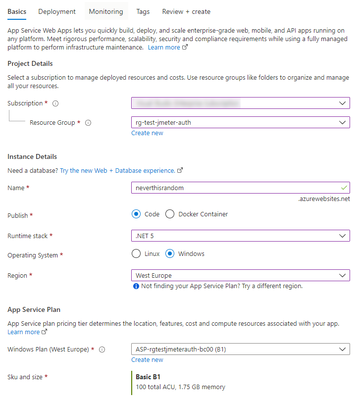 Creating an App Service Screenshot the Azure Portal, creating an App Service