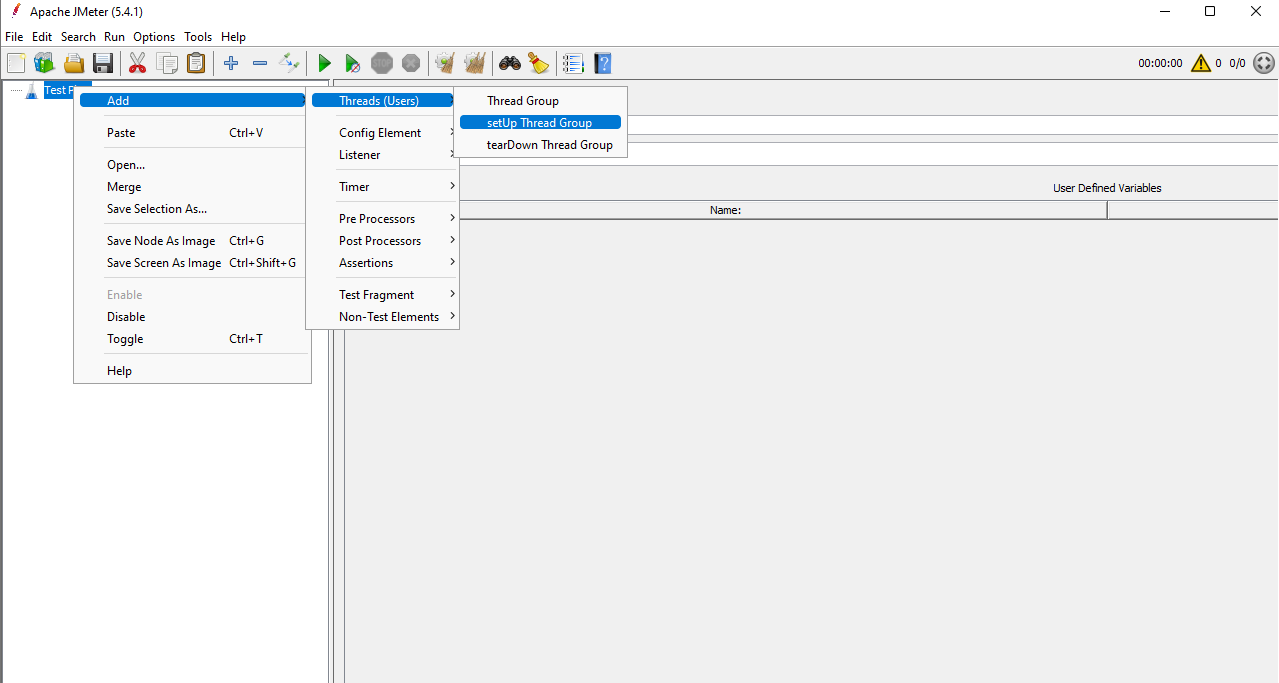 Create the setUp Thread Group JMeter screenshot with the setUp Thread Group