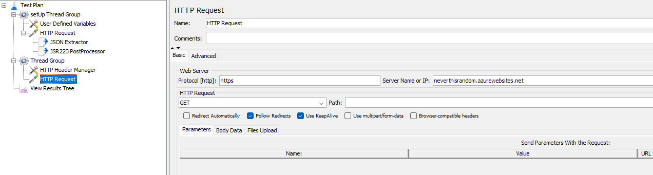 Setting up the final request JMeter screenshot, showing the HTTP request to the site