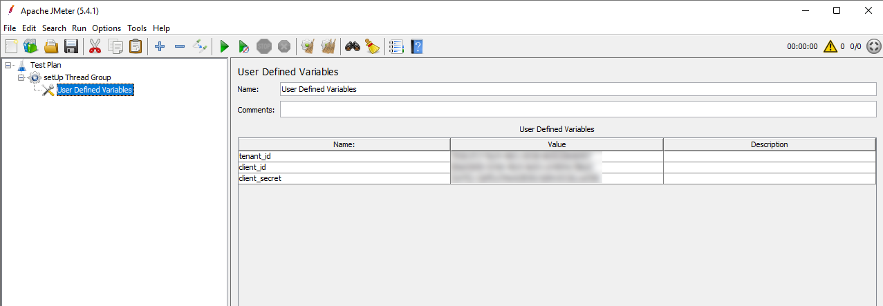User Defined Variables JMeter screenshot, showing the variables