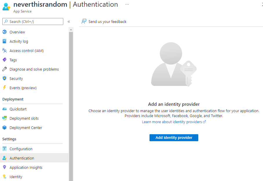Open the Authentication blade Screenshot the Azure Portal, opening the Authentication blade