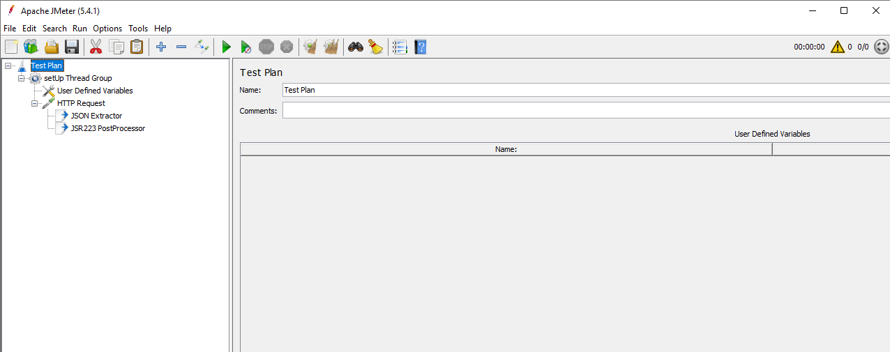 User Defined Variables JMeter screenshot, showing the variables